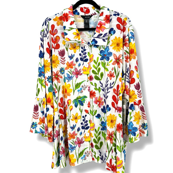 Ali Miles Floral Print Point Collar Tunic Top Shirt Plus Size 2X 3/4 Bell Sleeve - Picture 2 of 7
